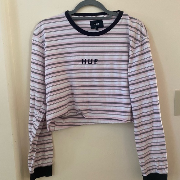 HUF STRIPED LONG SLEEVE CROPPED TOP SIZE L GRUNGE EMBROIDERED LOGO - Picture 2 of 5